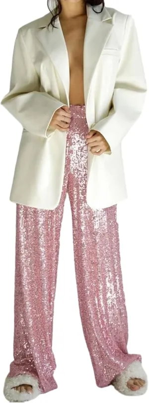 Women Sequins Trousers Wide Leg Shiny Loose Casual Elastic High Waist Glitter Hot Pants Concert Outfits