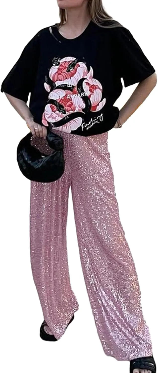 Women Sequins Trousers Wide Leg Shiny Loose Casual Elastic High Waist Glitter Hot Pants Concert Outfits
