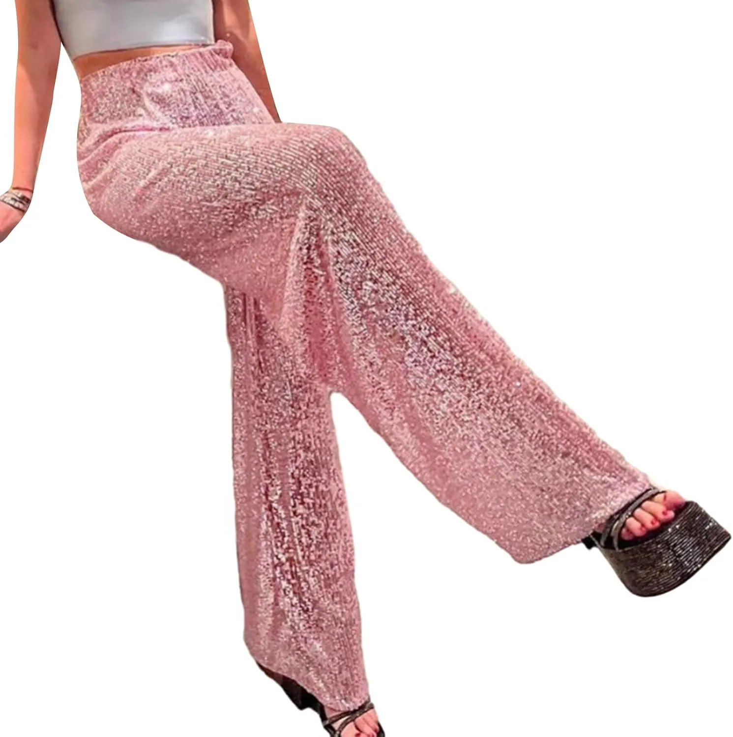 Women Sequins Trousers Wide Leg Shiny Loose Casual Elastic High Waist Glitter Hot Pants Concert Outfits