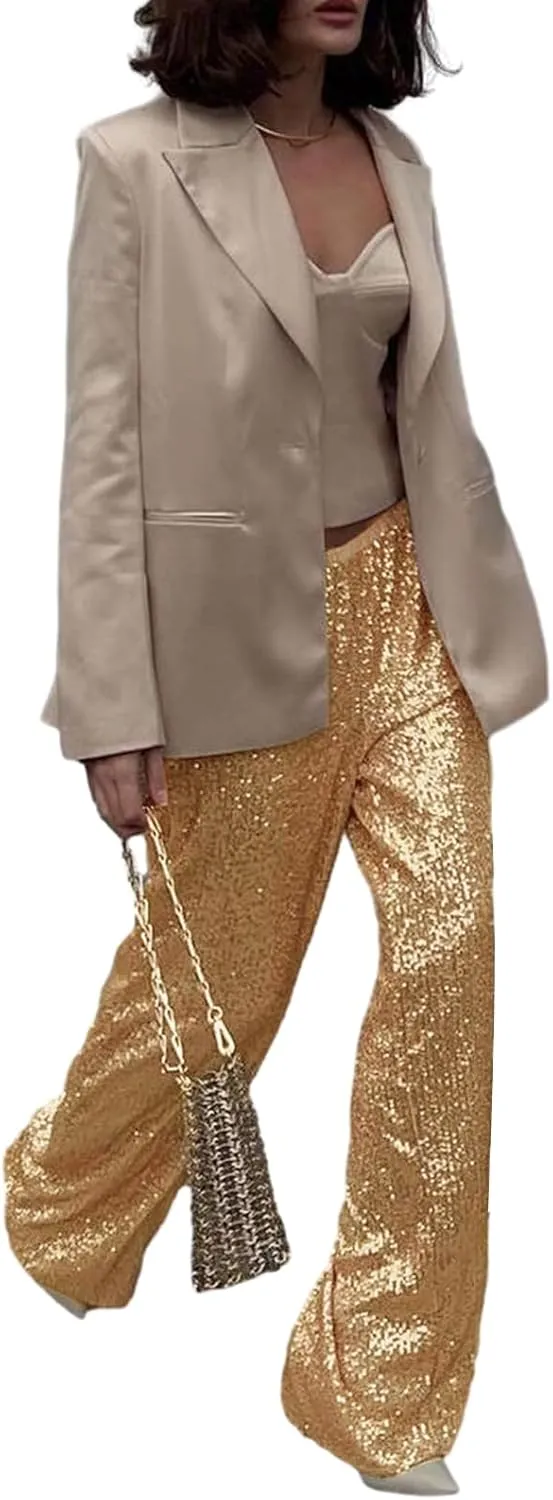 Women Sequins Trousers Wide Leg Shiny Loose Casual Elastic High Waist Glitter Hot Pants Concert Outfits