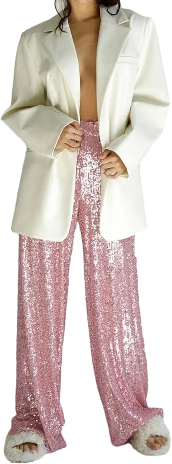 Women Sequins Trousers Wide Leg Shiny Loose Casual Elastic High Waist Glitter Hot Pants Concert Outfits