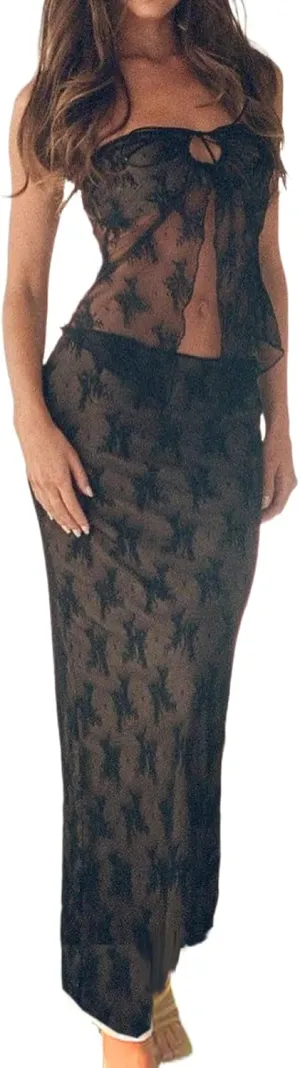 Women Sexy Two Piece Maxi Skirt Set Y2k Front Split Hem Strapless Lace Tube Top and Low Rise Long Skirt Set Clubwear