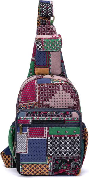 Women sling bag Elephant canvas large boho backpacks bohemian Crossbody Bag (blue)