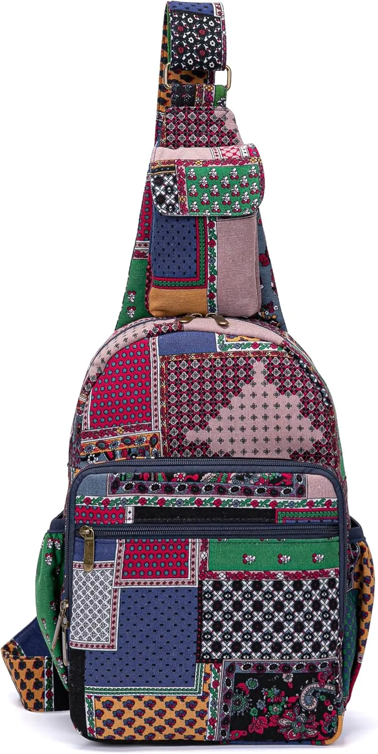 Women sling bag Elephant canvas large boho backpacks bohemian Crossbody Bag (blue)