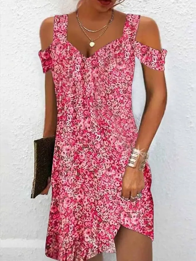 Women Summer Cold Shoulder Boho Midi Sun Dress Casual V Neck Floral Print Flowy Beach Shift Dress
