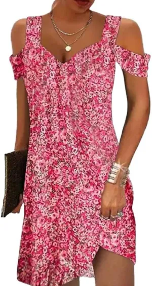 Women Summer Cold Shoulder Boho Midi Sun Dress Casual V Neck Floral Print Flowy Beach Shift Dress