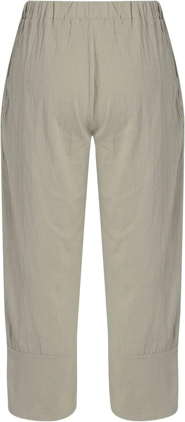 Women Summer Cotton Linen Niners Pants Wide Leg Middle Waist Loose Casual Trousers Beach Pant Outfits