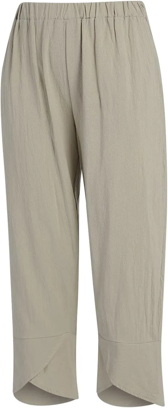 Women Summer Cotton Linen Niners Pants Wide Leg Middle Waist Loose Casual Trousers Beach Pant Outfits