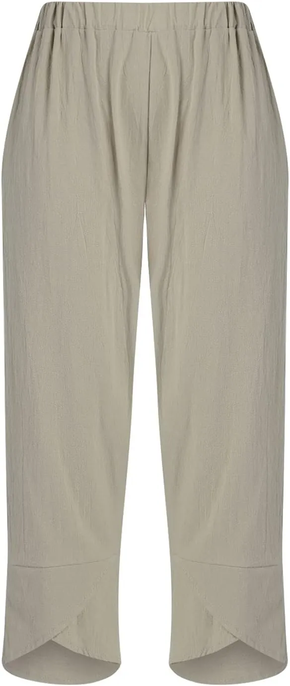 Women Summer Cotton Linen Niners Pants Wide Leg Middle Waist Loose Casual Trousers Beach Pant Outfits