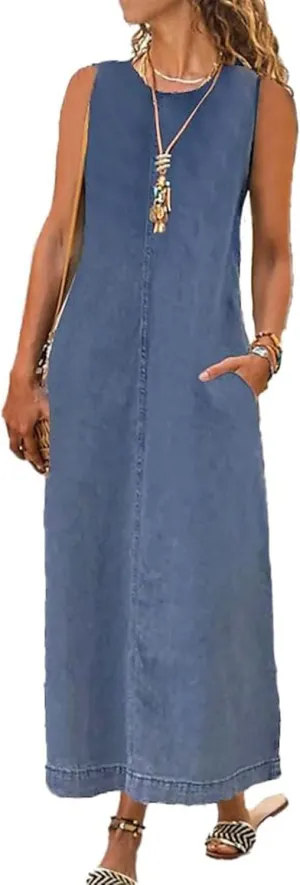 Women Summer Sleeveless Denim Maxi Dress with Pocket Casual Crewneck Loose Flowy Beach Shift Sun Jean Dress