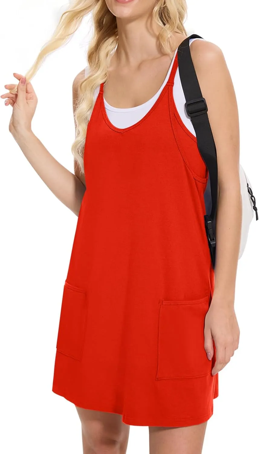 Women Tennis Workout Romper Mini Dress Summer Sleeveless Spaghetti Strap Athletic Sports Dress with Shorts