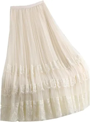 Women Tulle Midi Skirts Lining Mesh Lace Patchwork Dance Bridesmaids Skirt