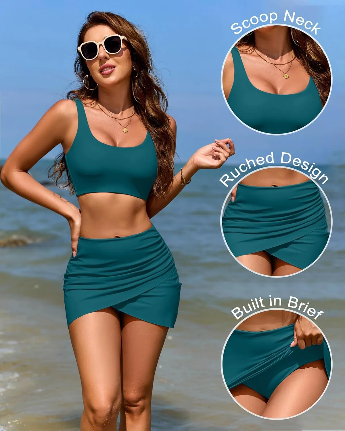 Women Two Piece Swimsuit with Skirt High Waisted Bikini Set Tummy Control Bathing Suit Full Coverage Swim Dress