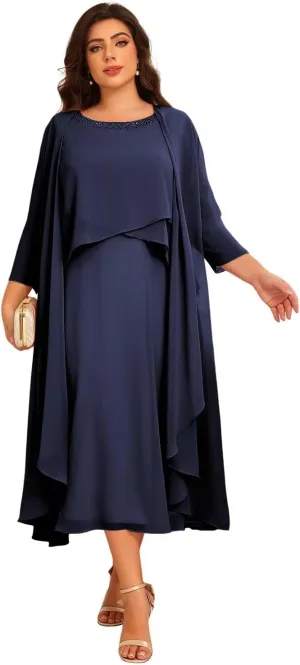 Women's 2 Piece Mother of The Bride Dresses for Wedding Long Sleeve Ruffles Chiffon Formal Evening Dress DE364