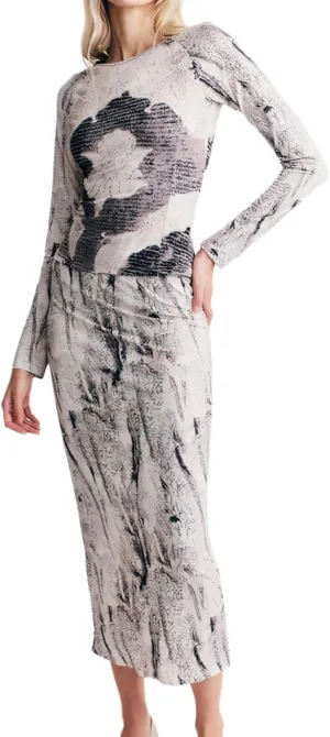 Womens 2 Piece Outfits Vintage Print Long Sleeve Top High Wasit Maxi Skirt Retro Set