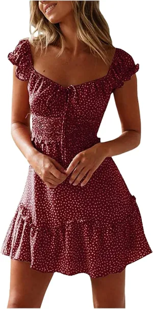 Women's 2023 Summer Bohemian Floral Printed Ruffle Hem Short Sleeves Tube Crew Neck Wrap Beach Party Mini Dress Hot Pink