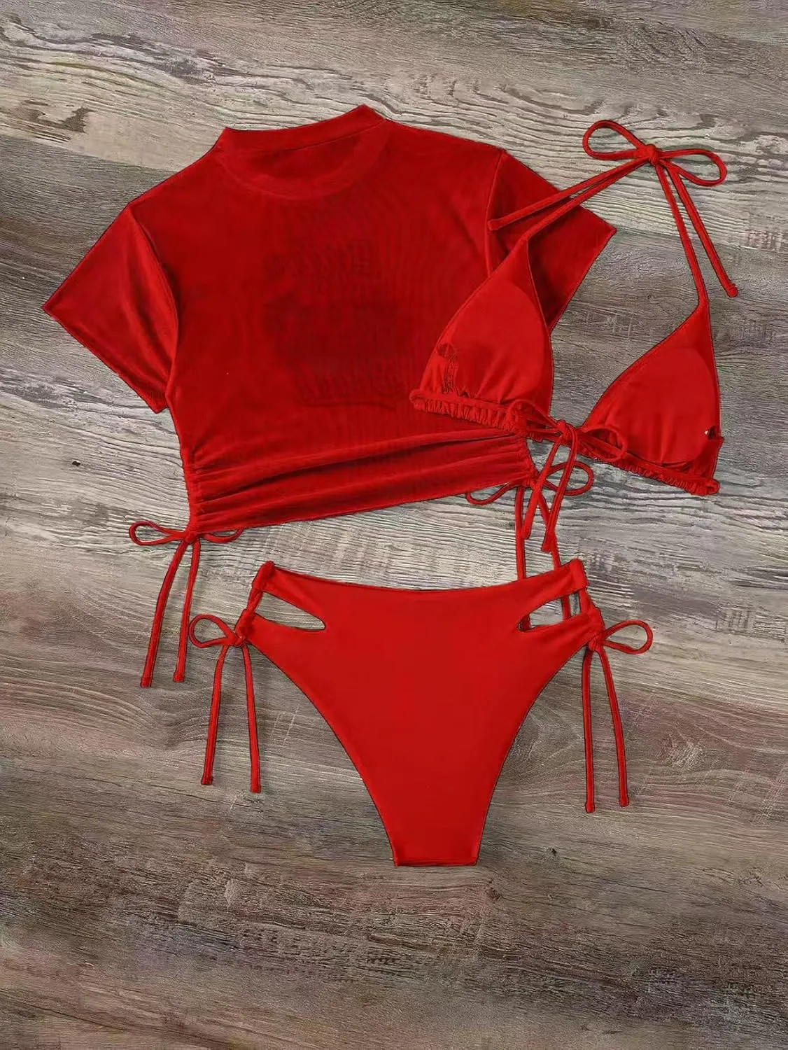 Women's 3 Piece Swimsuit Halter String Bikini Tie Side Mesh Short Sleeve Bathing Suits
