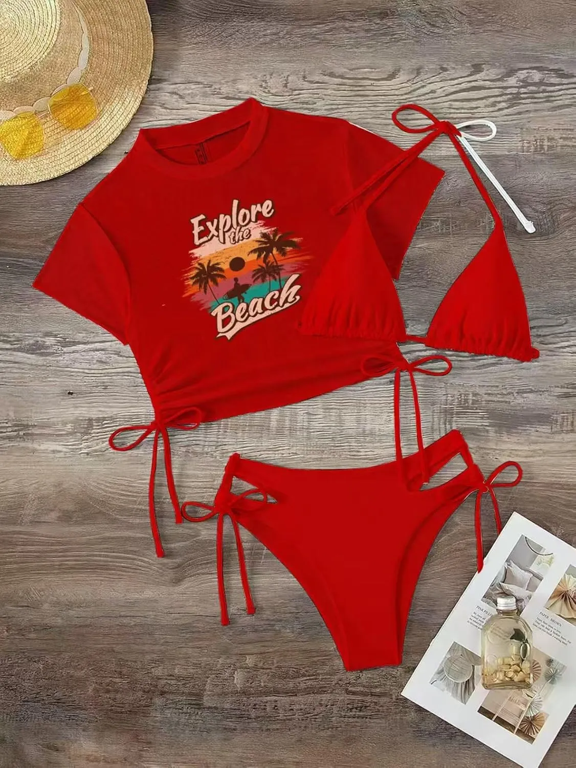 Women's 3 Piece Swimsuit Halter String Bikini Tie Side Mesh Short Sleeve Bathing Suits