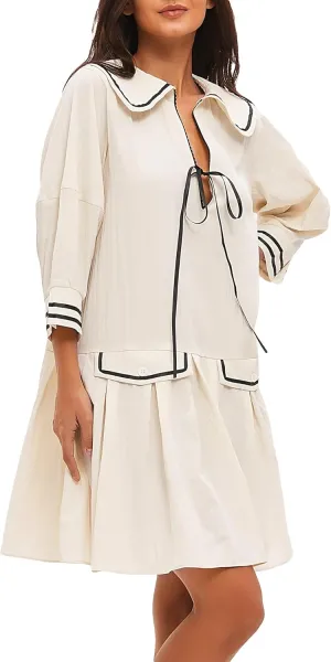 Women's 3/4 Sleeve Collar V Neck Mini Dress Pleated A Line Swing Short Dress Summer Loose Pleated Babydoll Dress