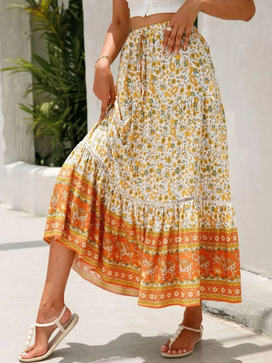 Women's Bohemian Floral Printed Flowy Beach Skirts Elastic High Waisted A Line Maxi Skirts