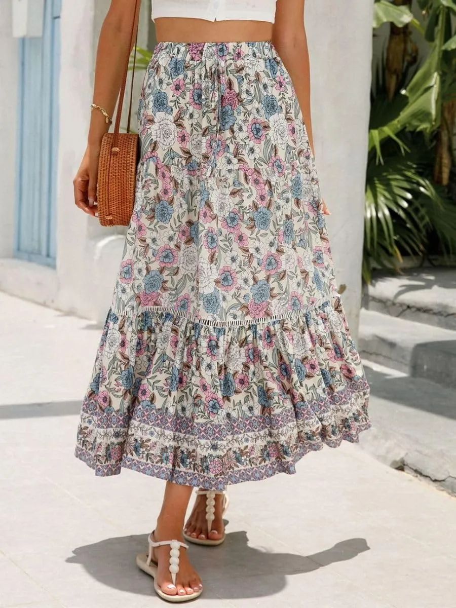 Women's Bohemian Floral Printed Flowy Beach Skirts Elastic High Waisted A Line Maxi Skirts