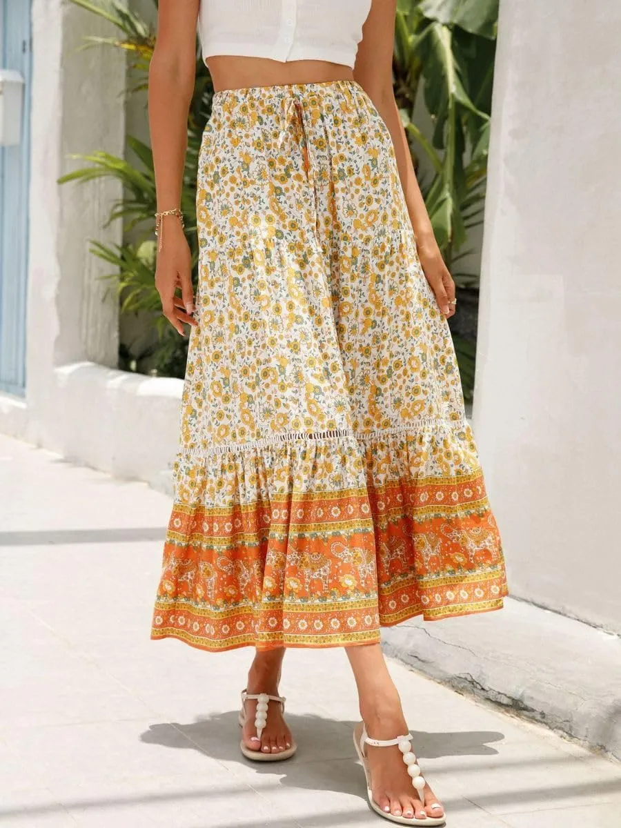 Women's Bohemian Floral Printed Flowy Beach Skirts Elastic High Waisted A Line Maxi Skirts