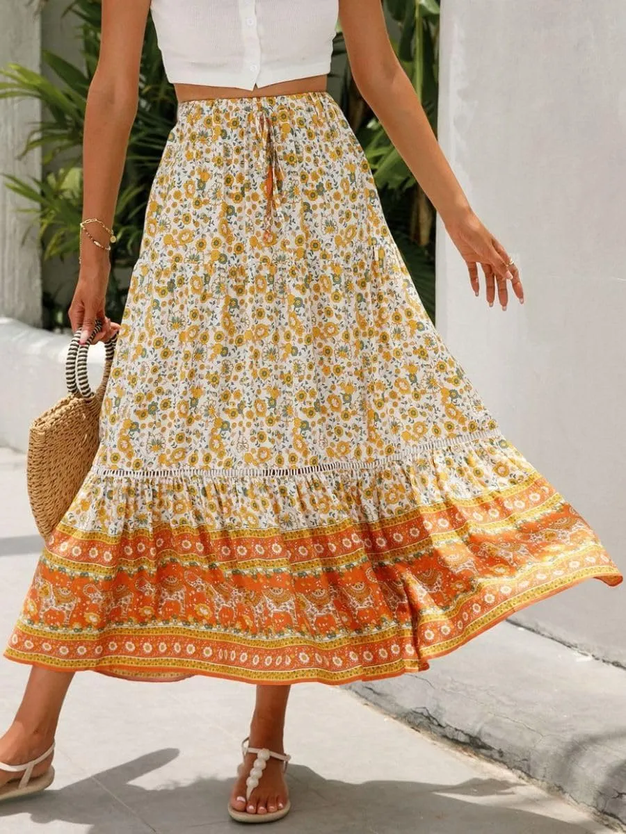 Women's Bohemian Floral Printed Flowy Beach Skirts Elastic High Waisted A Line Maxi Skirts