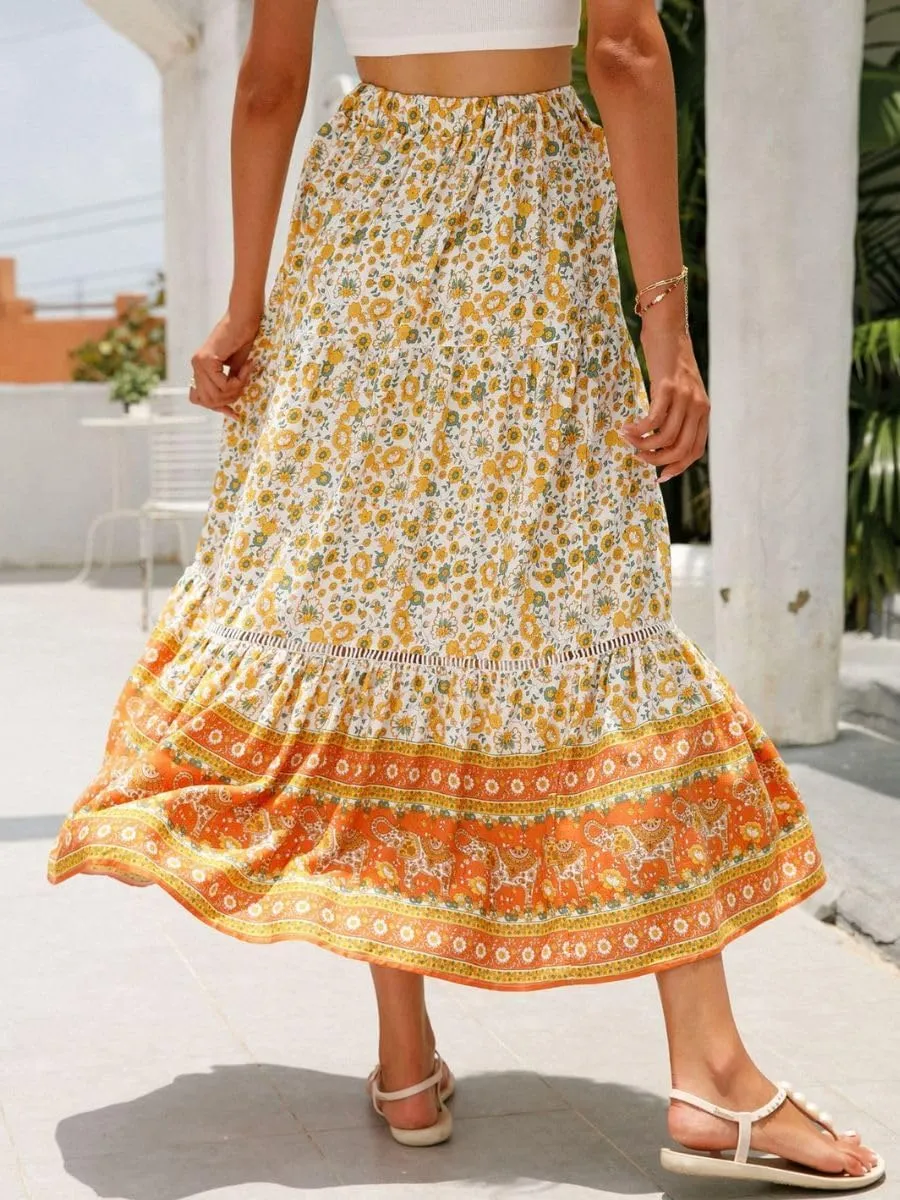 Women's Bohemian Floral Printed Flowy Beach Skirts Elastic High Waisted A Line Maxi Skirts