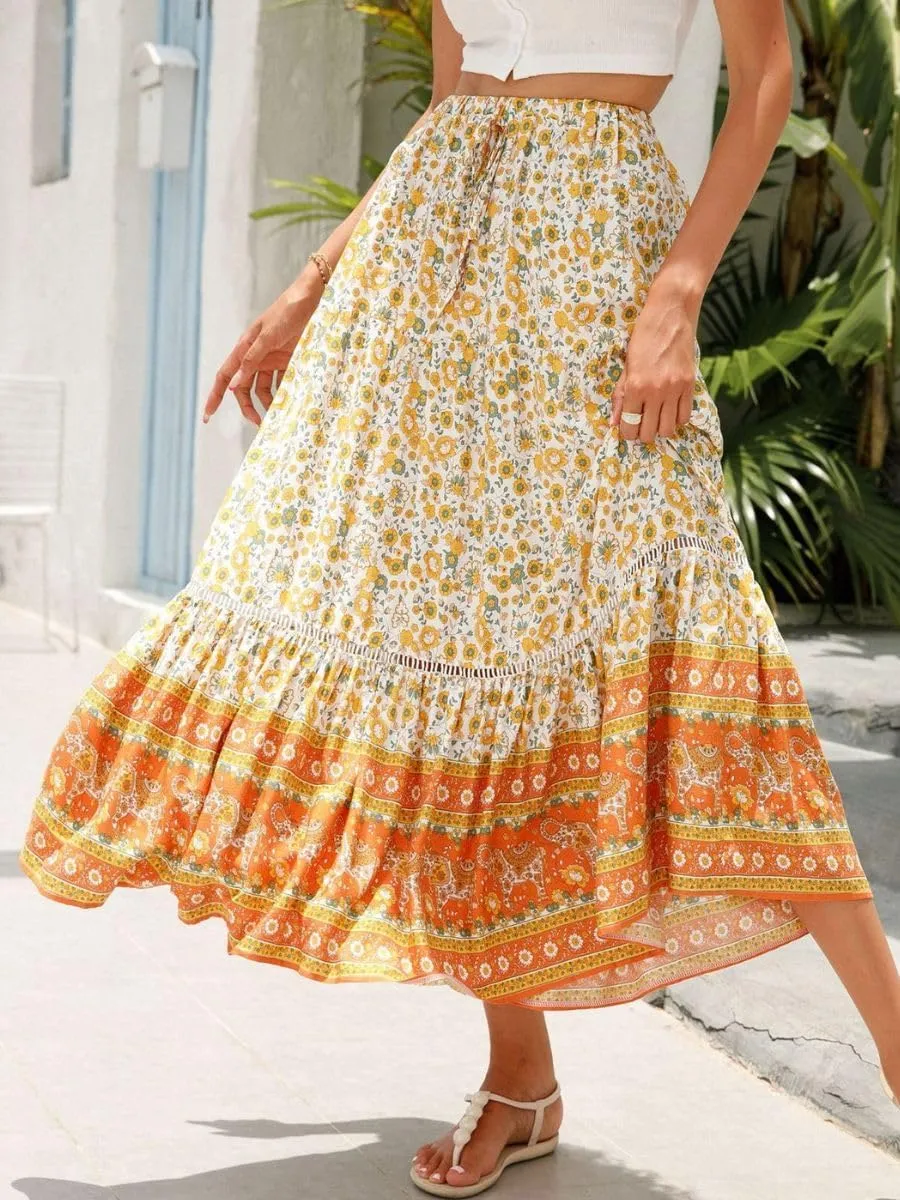 Women's Bohemian Floral Printed Flowy Beach Skirts Elastic High Waisted A Line Maxi Skirts