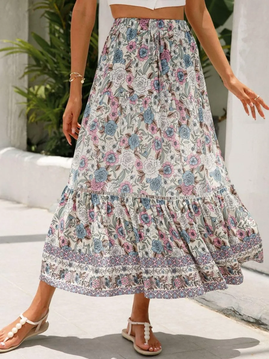 Women's Bohemian Floral Printed Flowy Beach Skirts Elastic High Waisted A Line Maxi Skirts