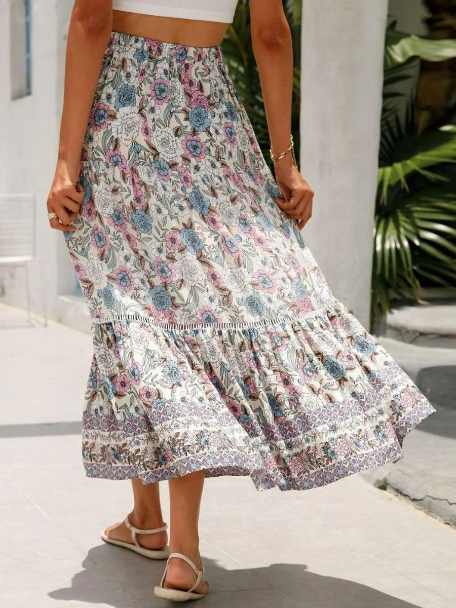 Women's Bohemian Floral Printed Flowy Beach Skirts Elastic High Waisted A Line Maxi Skirts