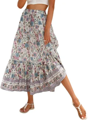 Women's Bohemian Floral Printed Flowy Beach Skirts Elastic High Waisted A Line Maxi Skirts