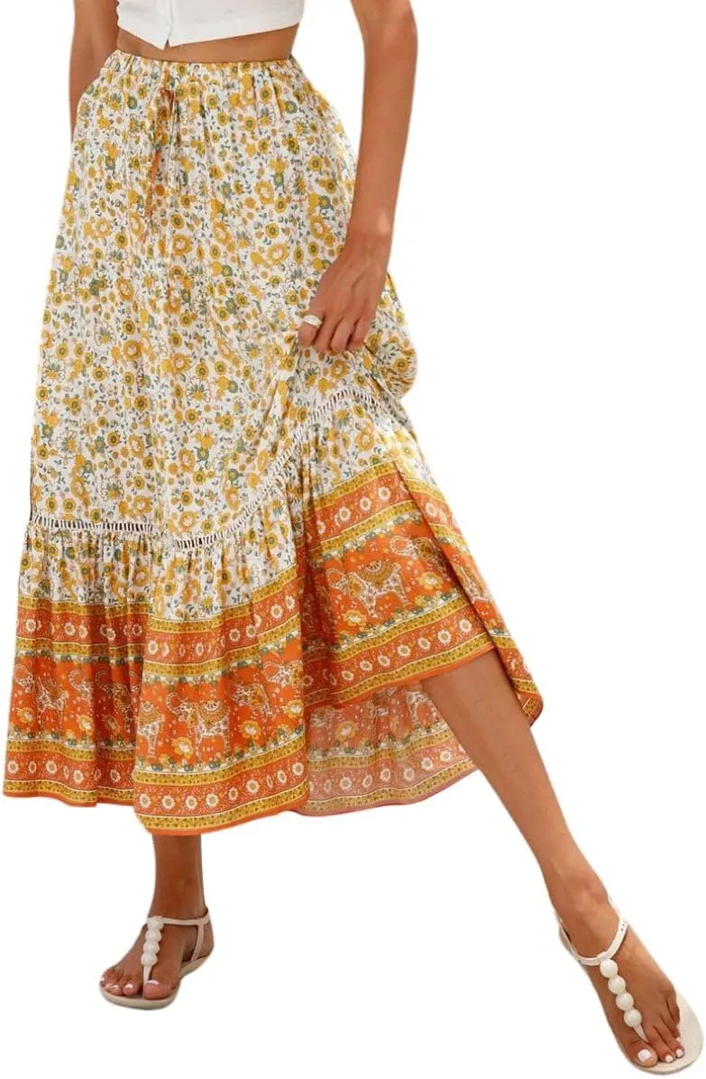 Women's Bohemian Floral Printed Flowy Beach Skirts Elastic High Waisted A Line Maxi Skirts
