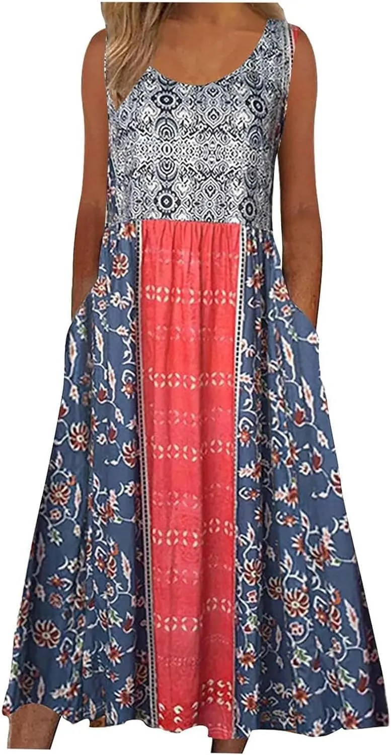Women's Boho Floral Sleeveless Maxi Sundress Casual Loose Summer Beach Vacation Flowy Tank Dress with Pockets