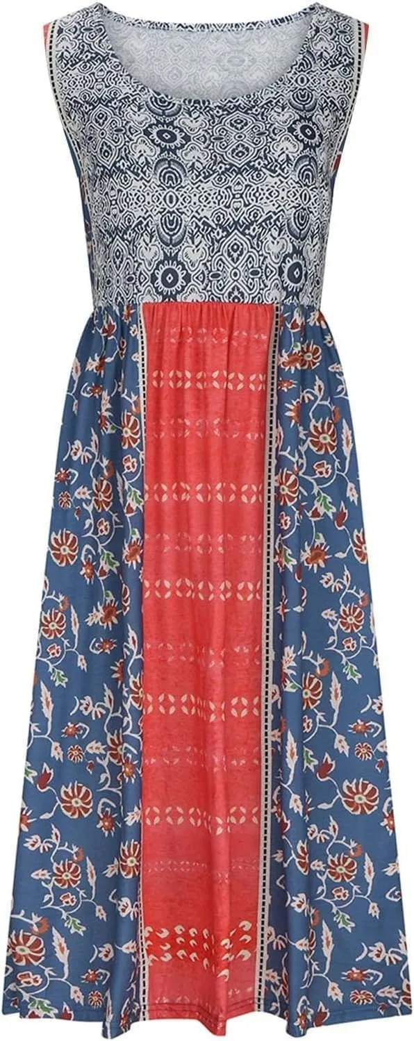 Women's Boho Floral Sleeveless Maxi Sundress Casual Loose Summer Beach Vacation Flowy Tank Dress with Pockets