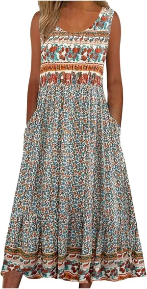 Women's Boho Floral Sleeveless Maxi Sundress Casual Loose Summer Beach Vacation Flowy Tank Dress with Pockets