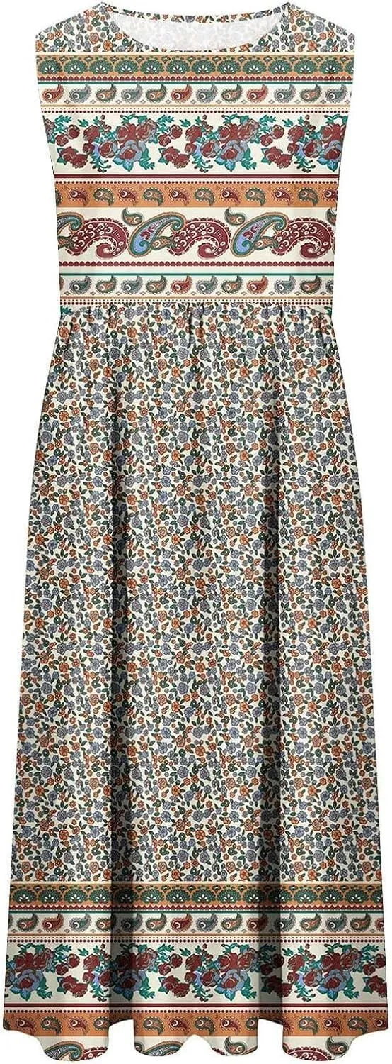 Women's Boho Floral Sleeveless Maxi Sundress Casual Loose Summer Beach Vacation Flowy Tank Dress with Pockets