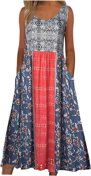 Women's Boho Floral Sleeveless Maxi Sundress Casual Loose Summer Beach Vacation Flowy Tank Dress with Pockets
