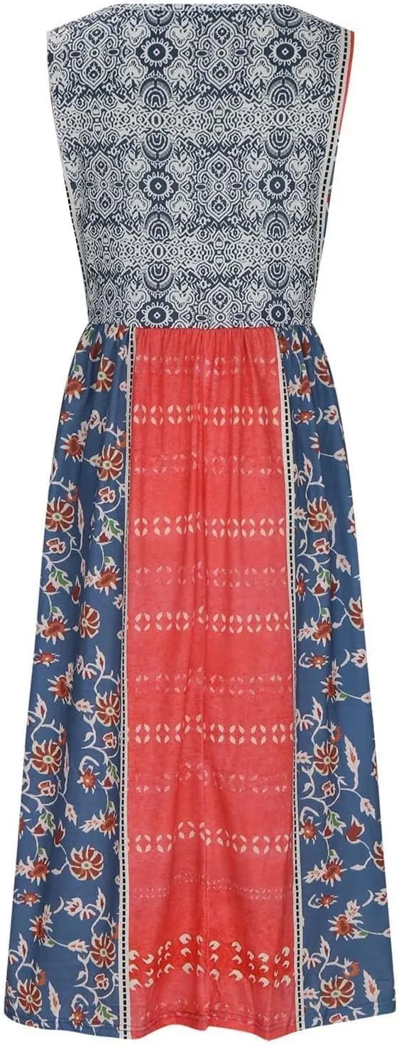 Women's Boho Floral Sleeveless Maxi Sundress Casual Loose Summer Beach Vacation Flowy Tank Dress with Pockets