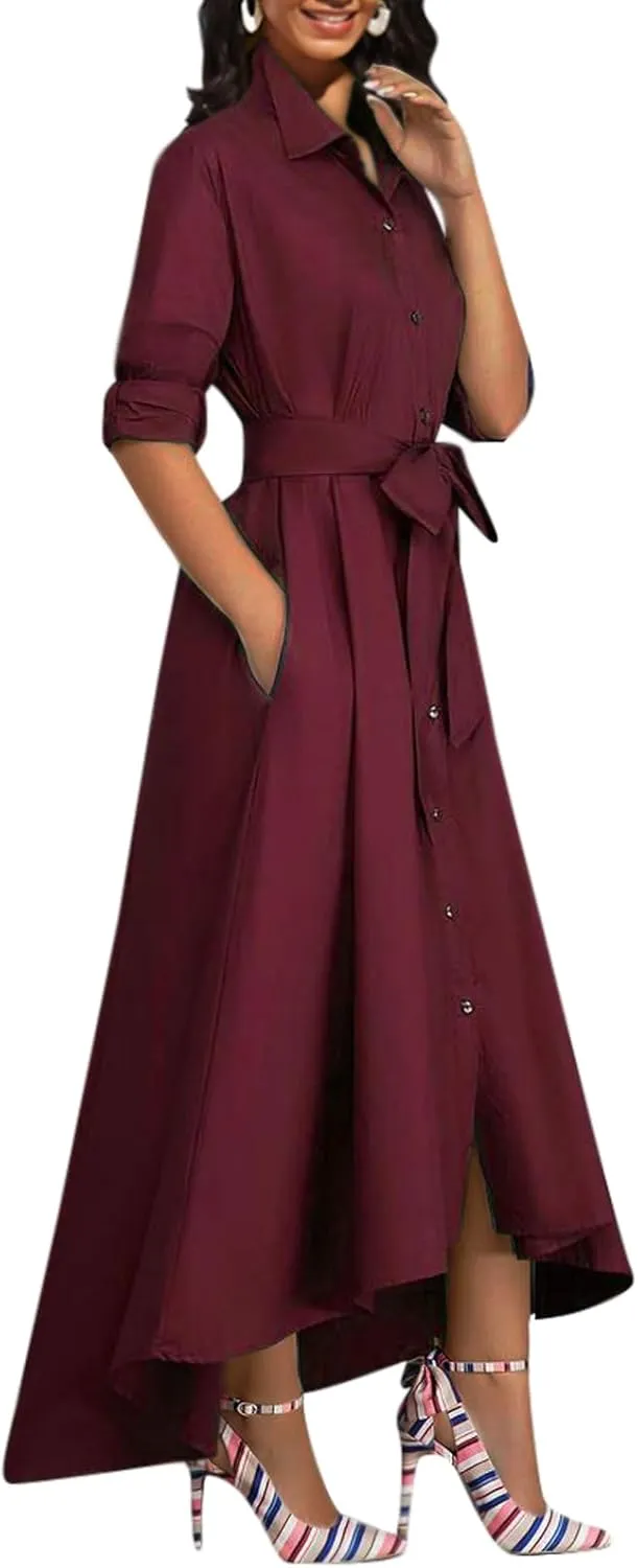Women's Button Down T-Shirt Dress Casual High Low V Neck Loose Long Dress with Belts