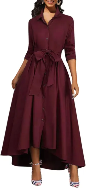 Women's Button Down T-Shirt Dress Casual High Low V Neck Loose Long Dress with Belts
