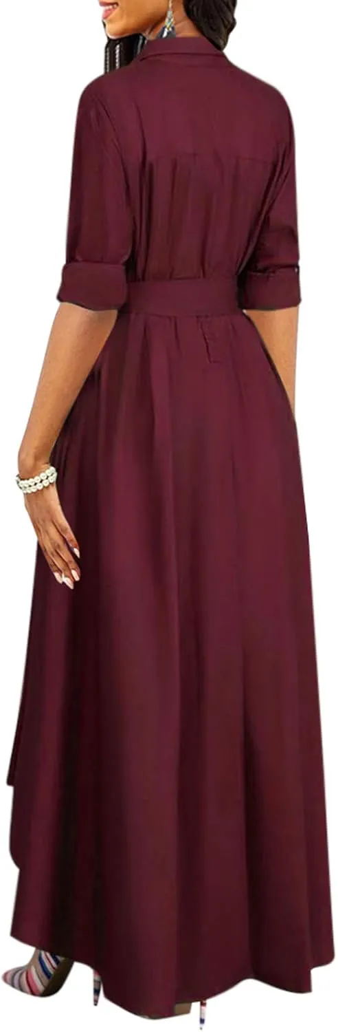 Women's Button Down T-Shirt Dress Casual High Low V Neck Loose Long Dress with Belts