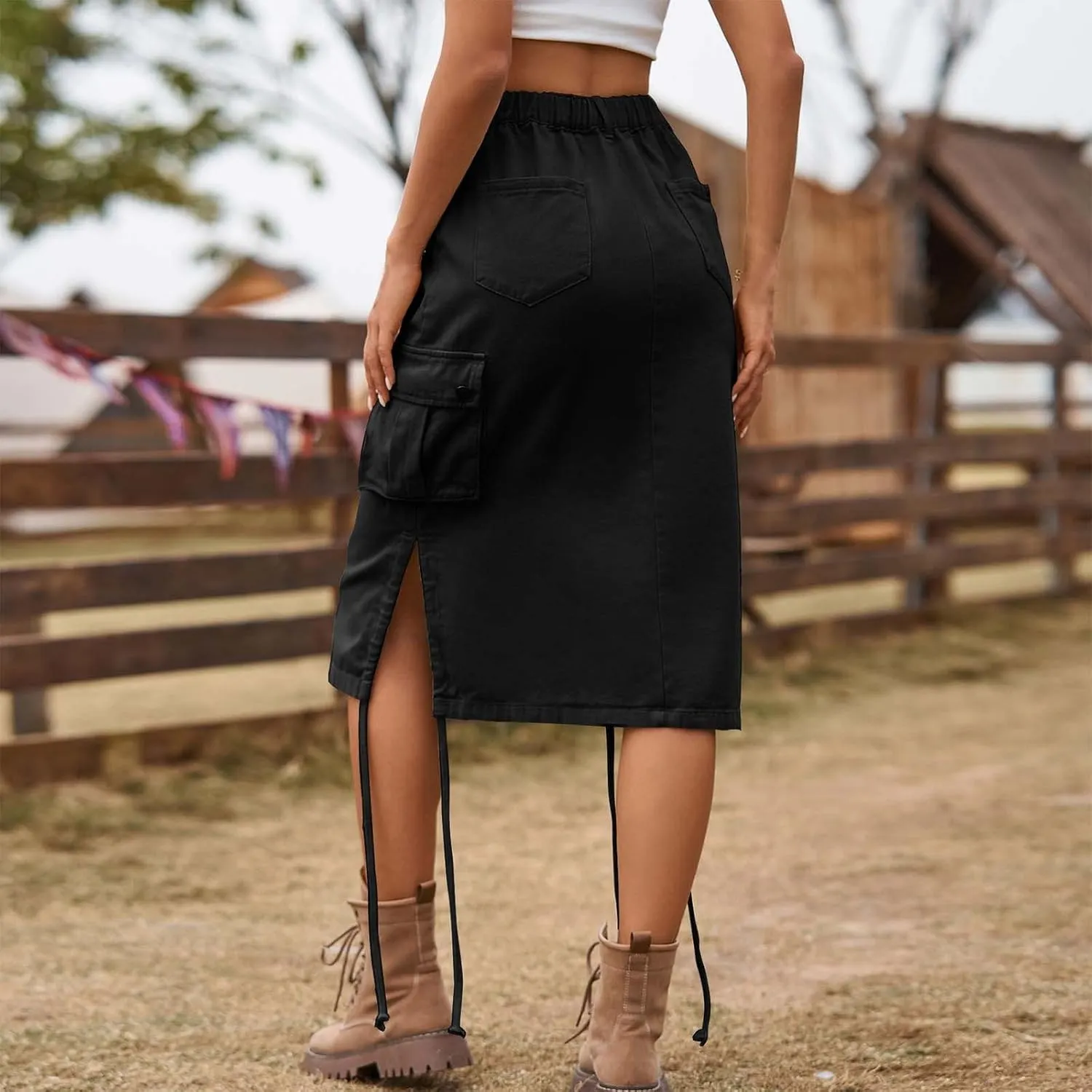 Women's Cargo Denim Skirt High Waisted Summer Casual Work Jeans Dresses Side Drawstring Midi Skirt with Pockets