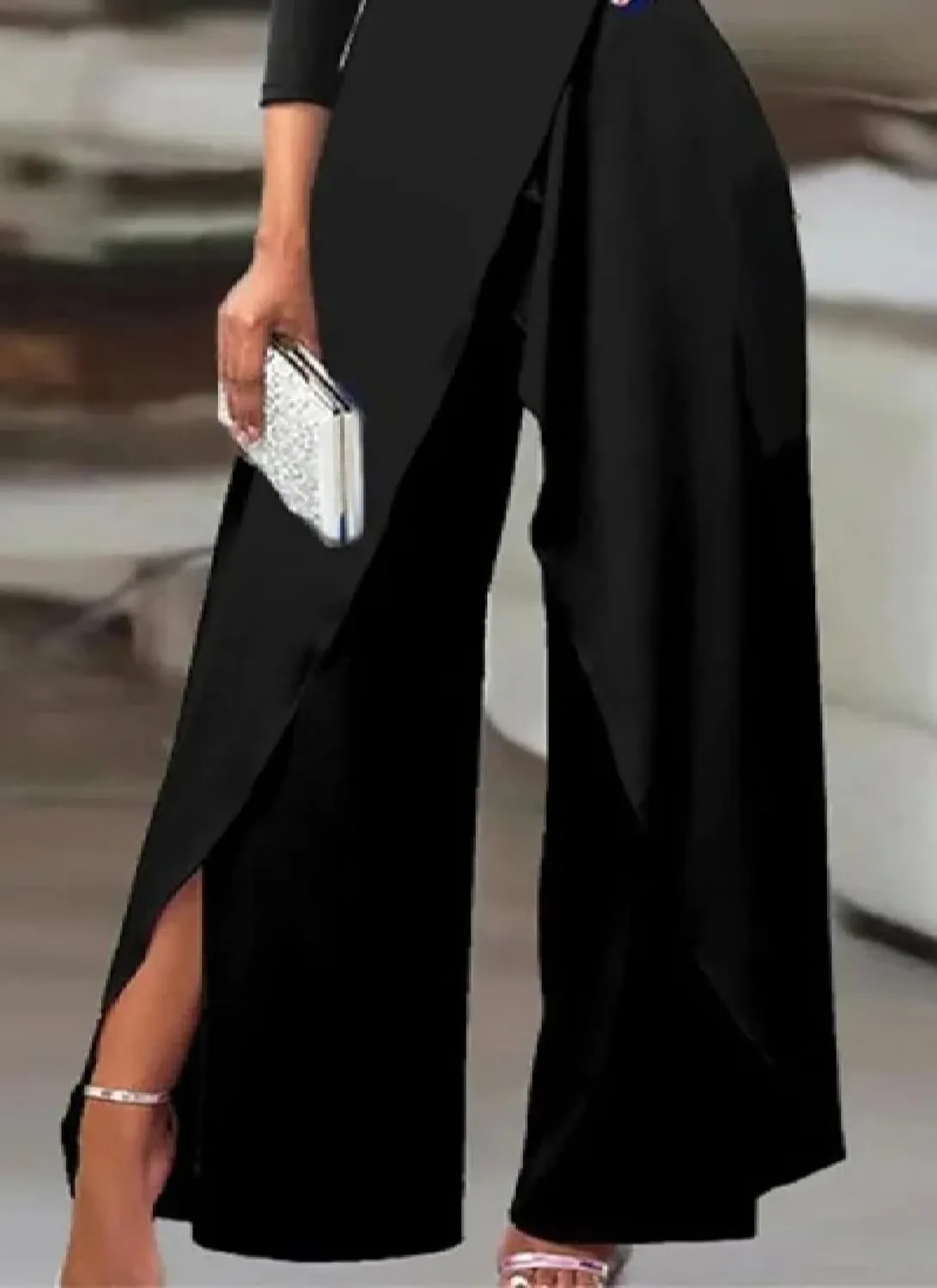 Women's Casual Elegant Loose Ruched One Shoulder Long Sleeves Dressy Split Hem Wide Leg Pants Clubwear Party Jumpsuits