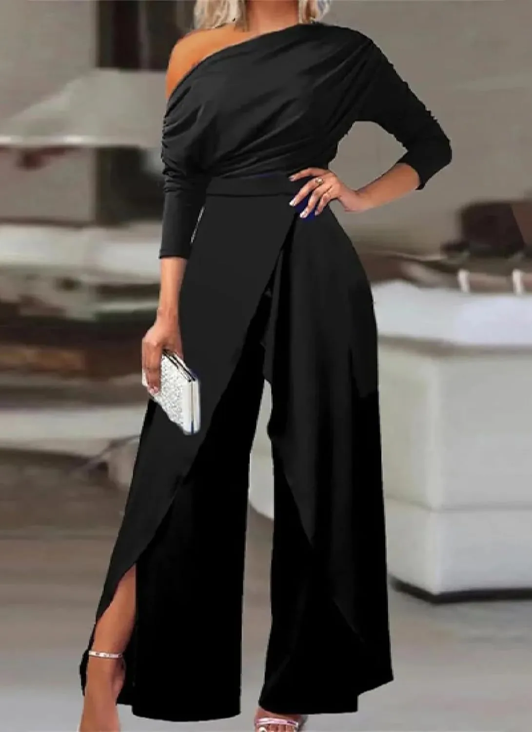 Women's Casual Elegant Loose Ruched One Shoulder Long Sleeves Dressy Split Hem Wide Leg Pants Clubwear Party Jumpsuits