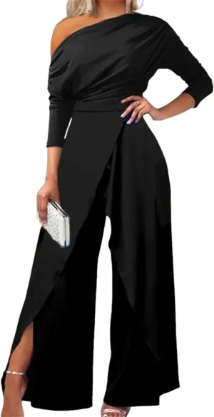 Women's Casual Elegant Loose Ruched One Shoulder Long Sleeves Dressy Split Hem Wide Leg Pants Clubwear Party Jumpsuits