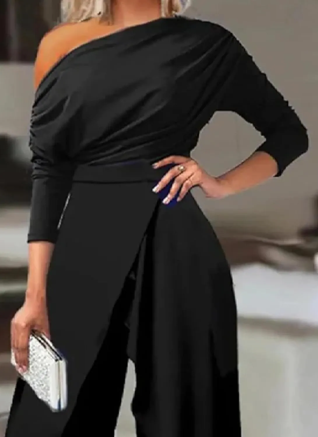 Women's Casual Elegant Loose Ruched One Shoulder Long Sleeves Dressy Split Hem Wide Leg Pants Clubwear Party Jumpsuits