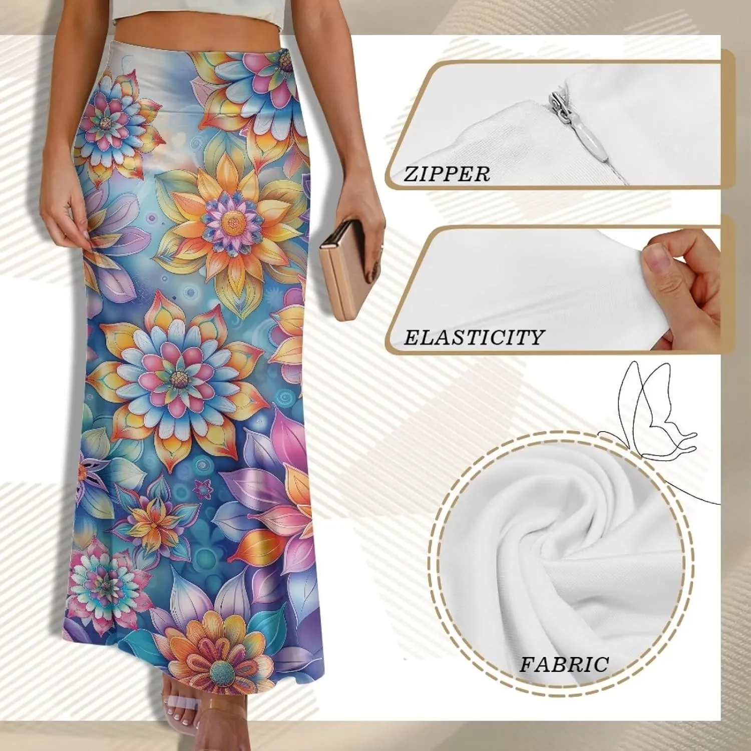 Womens Casual High Waist Midi Skirt with Zipper A-Line Flared Long Skirts, S-2XL
