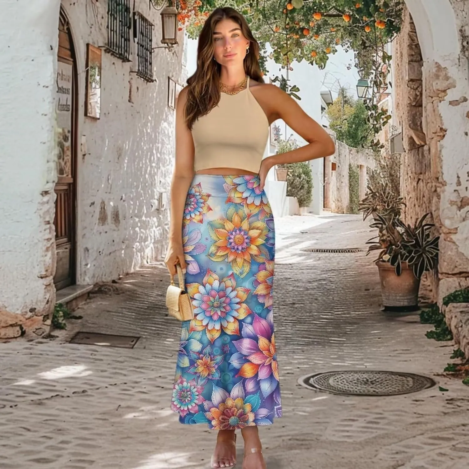Womens Casual High Waist Midi Skirt with Zipper A-Line Flared Long Skirts, S-2XL