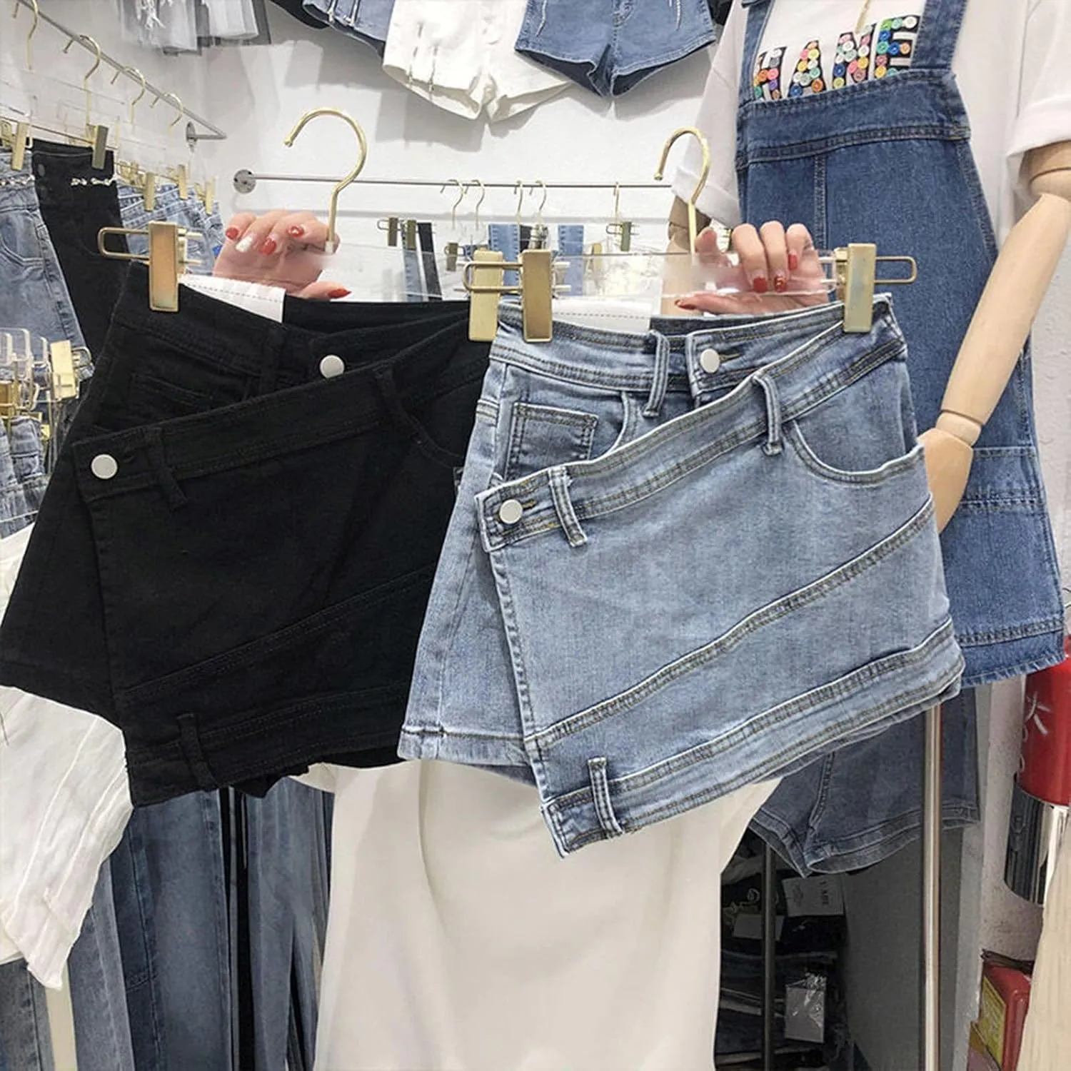 Women's Casual High Waisted Button Front Jean Shorts Denim Wrap Skort Skirt with Pocket Ruffle Trim Denim Skort